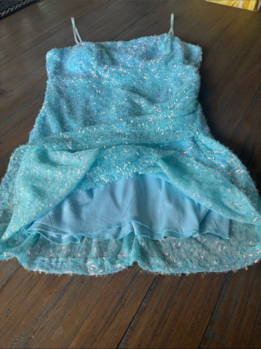 Midnight Doll size L Light Blue Sequin Spaghetti Strap Dress - Picture 6 of 16